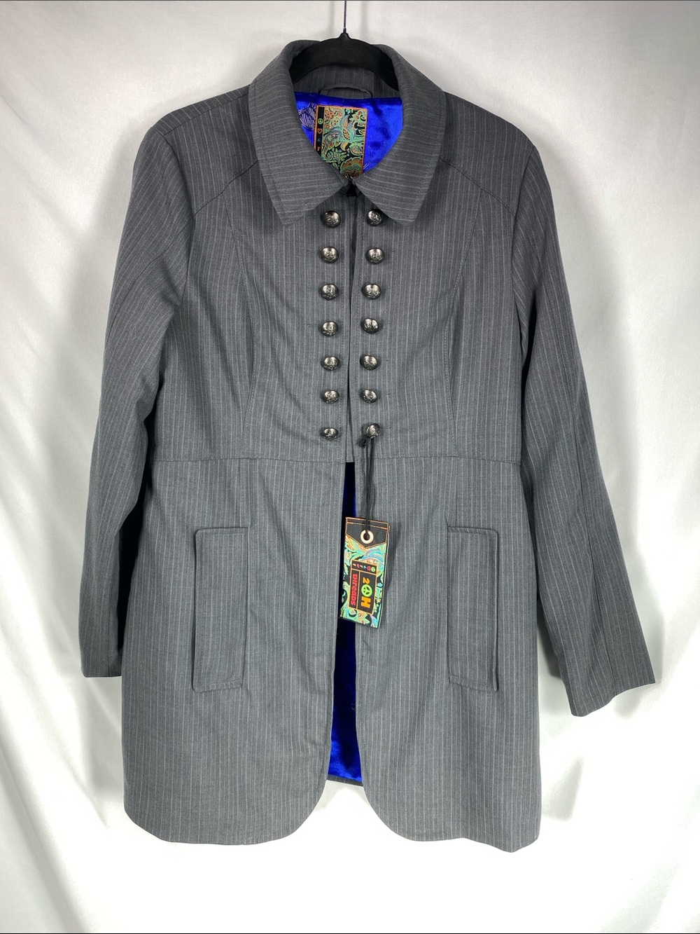 2OH Threads Gray Wool Blend Military Coat Blue Butterfly Lining Large